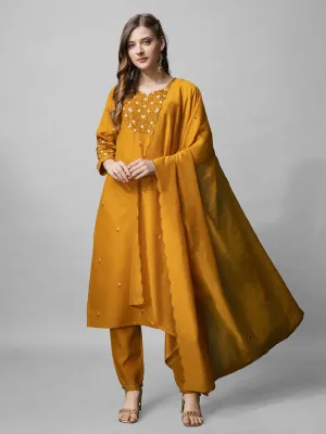 Womens Mustard Embroidered Cotton Blend Kurta Pant Set With Dupatta