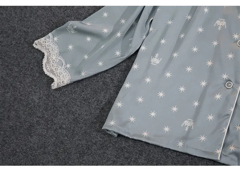 Women's Thin Ice Silk Satin and Lace Two-piece Pajamas Set