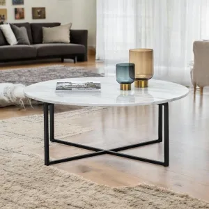 Wooden Twist Auxz Modern Contemporary Metal Base Marble Top Round Coffee Table ( White & Black )