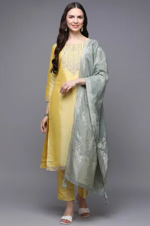 Yellow Poly Silk Floral Straight Suit Set